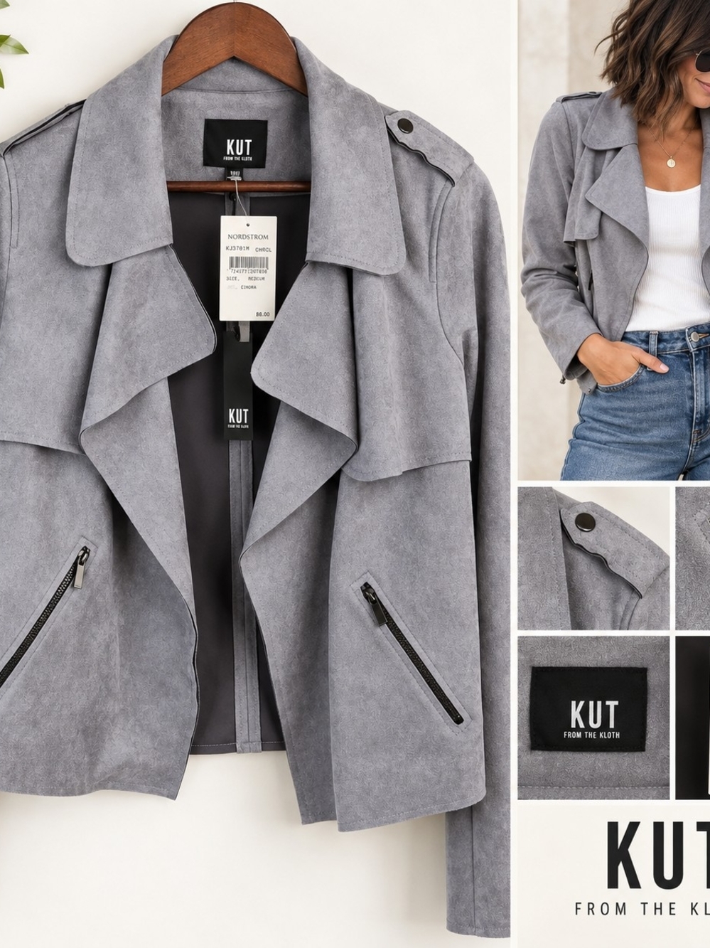 KUT From The Kloth Gray Faux Suede Moto Jacket Medium Draped Cropped Quiet Lux